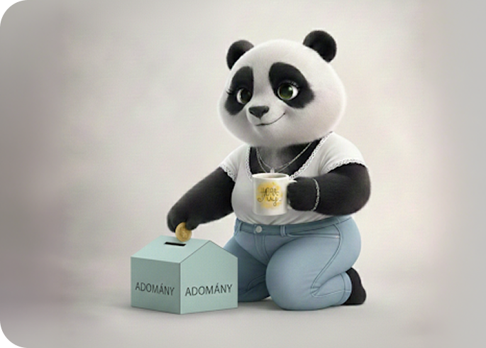 Rajzolt panda maci kávéval a kezében adományt tesz egy „Adomány” feliratú gyűjtőládába